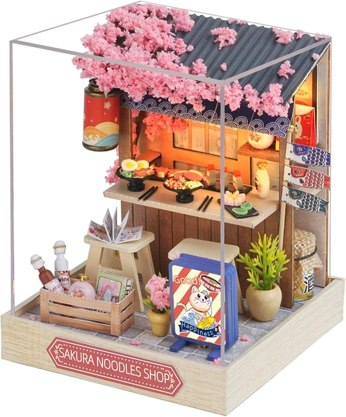 DIY Miniature Dollhouse Kits - Wooden Mini Model House with LED Lights, Tiny Furniture & Accessories – Craft Building Kits for Teens & Adults (Noodles Shop) – Birthday Valentine's Gift