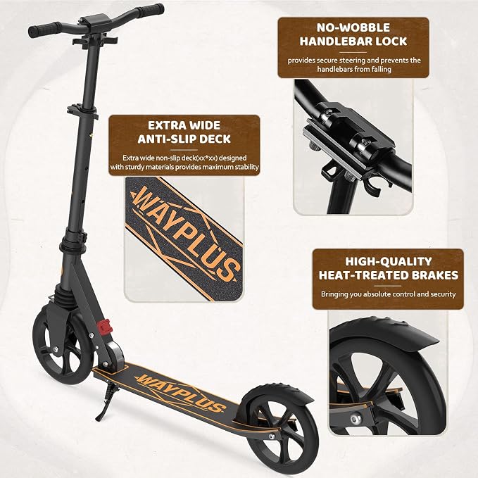WAYPLUS KS1 Kick Scooter for Ages 6+,Kid, Teens & Adults. Max Load 240 LBS. Foldable, Lightweight, 8IN Big Wheels for Kids, Teen and Adults, 4 Adjustable Levels. Bearing ABEC9 FED Fitness