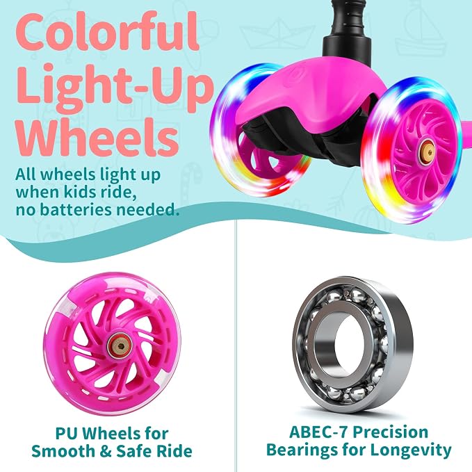 BELEEV A1 Scooter for Kids Ages 2-6, 3 Wheel Kick Scooter for Toddlers Girls Boys, Light up Wheels, Adjustable Height, Lean to Steer, Non-Slip Deck, Lightweight Push Scooter for Children