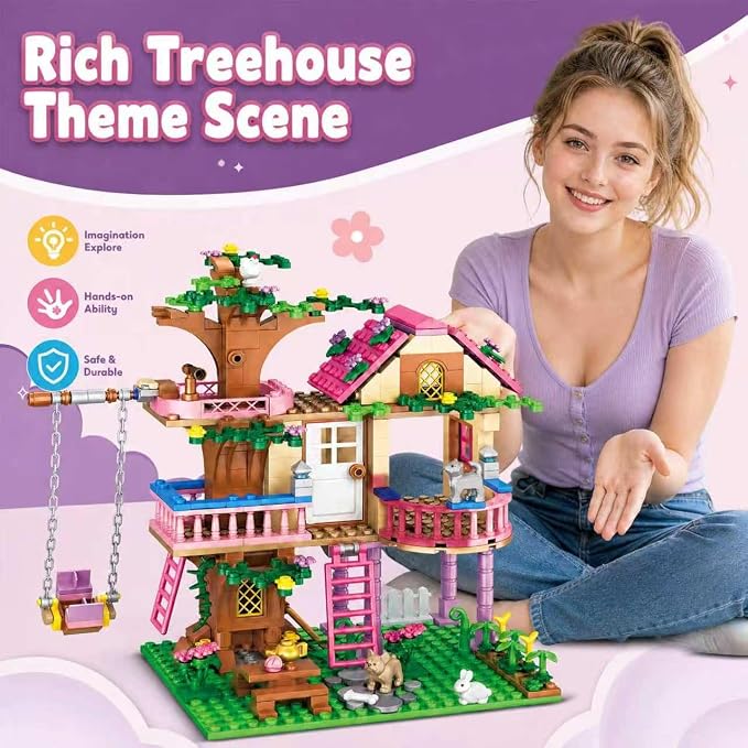 CSNRHG Tree House Building Set Multi Level Forest House Swing Animal Figure | Display Model for Home Decor and Creative Building with Balcony Telescope Ladder Garden Scene Size