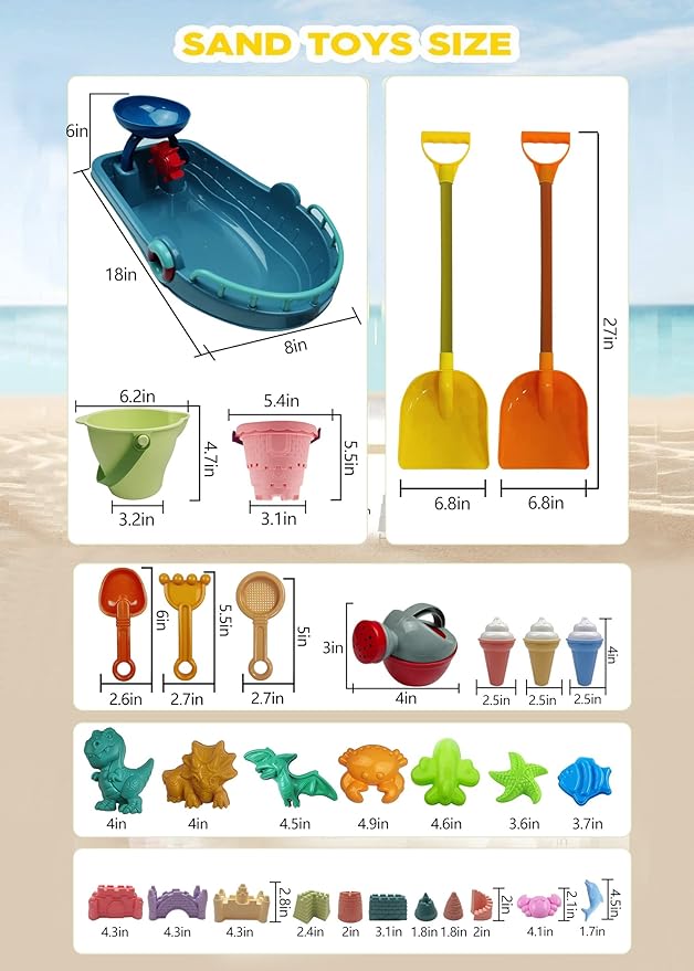 IOKUKI Long Shovels Sand Toys Set with Mesh Bag Including Bath Boat, Castle Building Kit Beach Buckets, Shovels, Rakes, Molds, Outdoor Beach Toys Tool Kit for Kids, Toddlers, Boys and Girls - 31 PCS