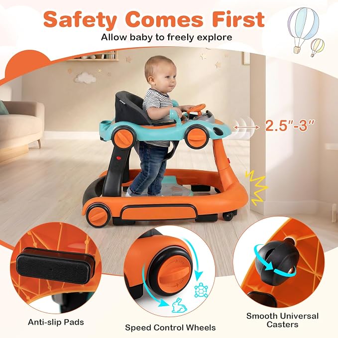 BABY JOY 7-in-1 Baby Walker, Foldable Baby Walker and Bouncer Combo with Handle, Adjustable Height & Speed, Music, Lights, Rocker/Push Mode, Baby Walker with Wheels for Boys Girls 7-18 Months (Orange)