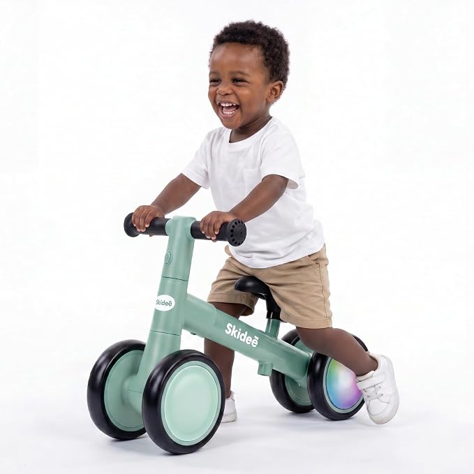 SKIDEE Toddler Balance Bike 1-3, 4-Wheel Balance Bike with Rare Light-Motion-Activated LED Wheels, Adjustable Height & Child Safe Steering, Lightweight Ride-On Toy Training Bike for Boys & Girls