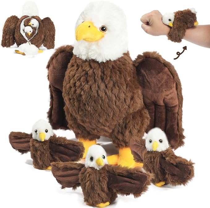 4 Pcs Bald Eagle Stuffed Animal, 14" Zippered Large Mommy Stuffed Eagle Plush with 3 Baby Bald Eagles Toys, Wild Zoo Animals Gifts for Kids Boys Girls Birthday Christmas