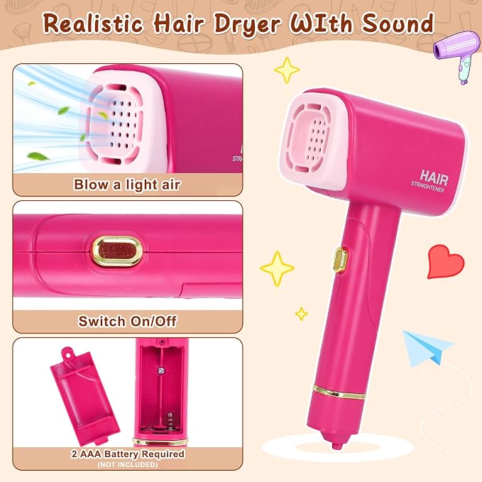 Doll Head for Hair Styling Makeup Kids, Pretend Play Hair Salon Toys for Girls with Hairdryer Accessories Real Lipstick Makeup Palette, Black Princess Birthday Gifts for 3 4 5 6 7 8 Years Old