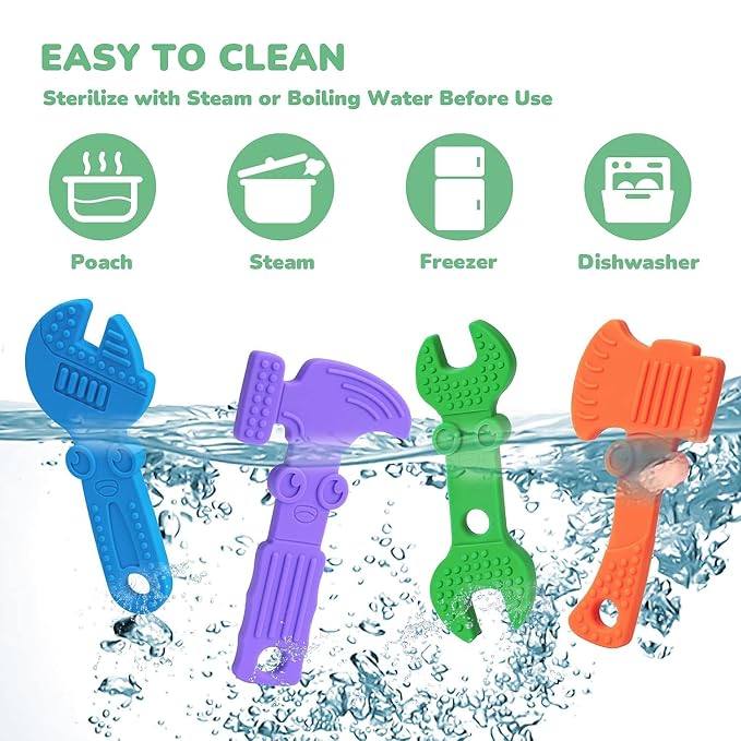 TYRY.HU Baby Teething Toys for Babies, Baby Teether Toys, BPA Free Silicone Baby Molar Teether Chew Toys, Hammer Wrench Spanner Pliers for Boys Girls, Soft-Textured, Easy to Hold & Clean, 4 Packs