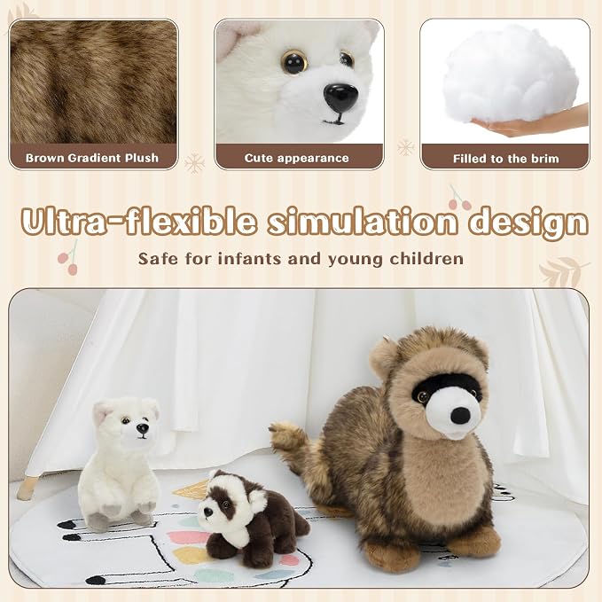 3Pcs Ferret Plush Toy with Babies, Mother Ferret Stuffed Animal with 2 Cute Stuffed Baby Ferrets, 18" Snuggly Forest Animal Plushies for Kids, Christmas Birthday Gift
