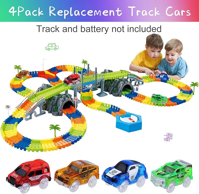 Tracks Cars Magic Light Up Track Cars Toy Glow in The Dark for 3 4 5 6 7 8 Kids Boy Girl, Race Cars with 5 LED Flashing Light Battery Operated Vehicle Compatible w/Most Tracks (4Pcs)