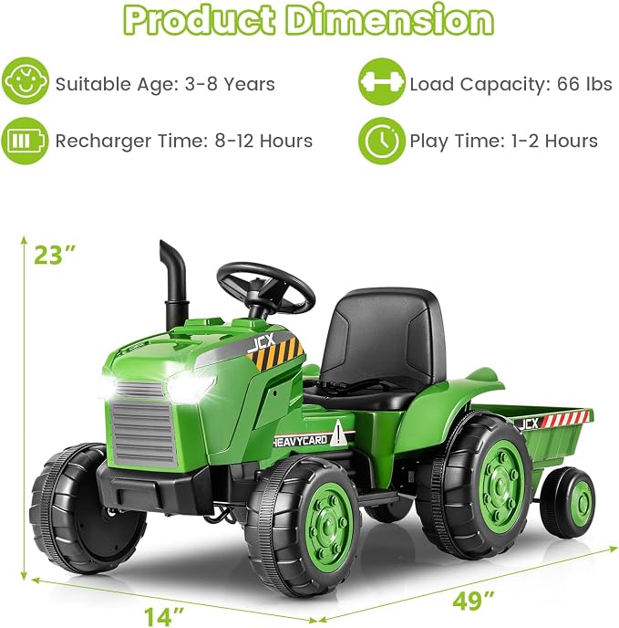 OLAKIDS 12V Kids Ride on Tractor, Battery Powered Motorized Electric Car with Trailer, Dual Motors, Remote Control, Light, Music, USB, Toddler Vehicle Toys for Boys Girls (Green)