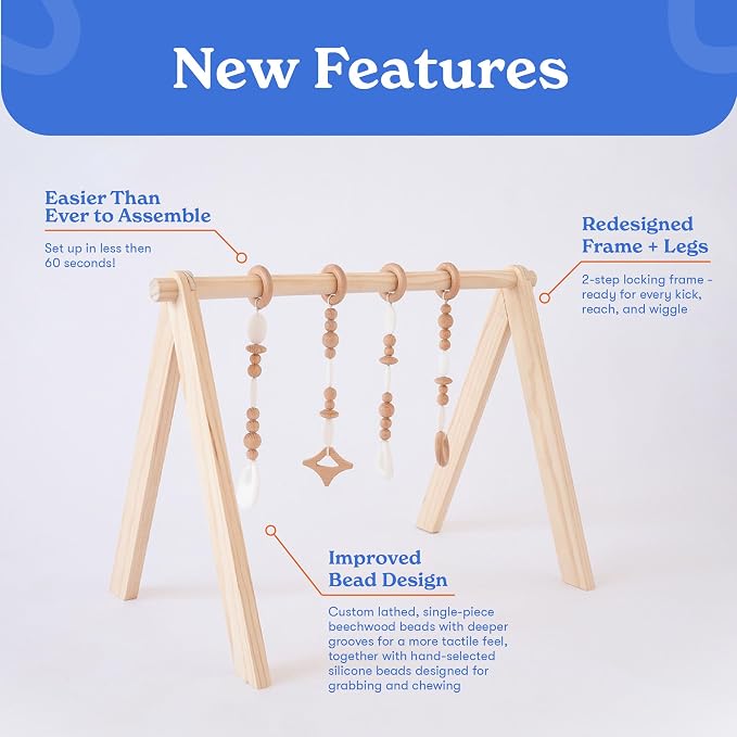Poppyseed Play Wooden Baby Play Gym | Montessori-Inspired Activity Center with 4 Hanging Toys | Natural Wood & Silicone | Ideal for Tummy Time, Sensory Play & Motor Skill Growth | 0-12 Months
