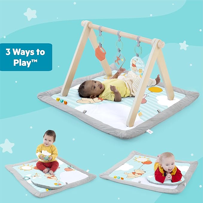 Bright Starts Disney Winnie THE Pooh Once Upon a Tummy Time Baby Play Mat, Tummy Time Mat and Play Gym, Blue, Newborn