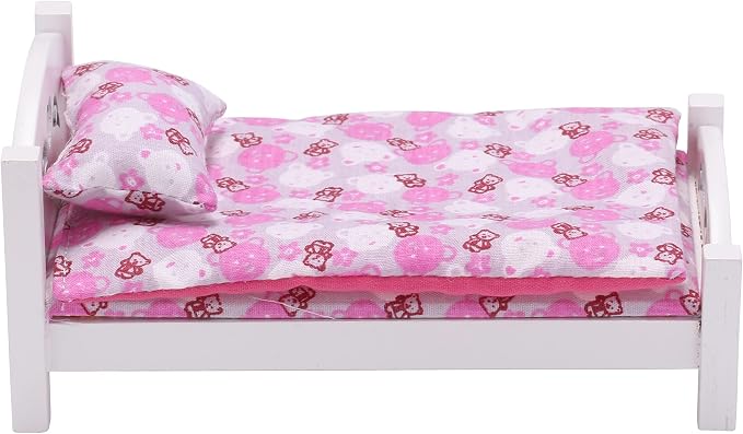 Dollhouse White Wooden Mini Bed with Pink Bedding, 1:12 Scale Realistic Bedroom Furniture for 6 Inch Dolls