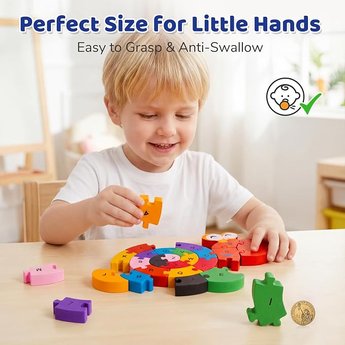 LovesTown Wooden Puzzles for Kids, Double Sided Snail Jigsaw with Alphabet & Numbers, Montessori Educational Toy for Toddlers, Chunky Animal Gift