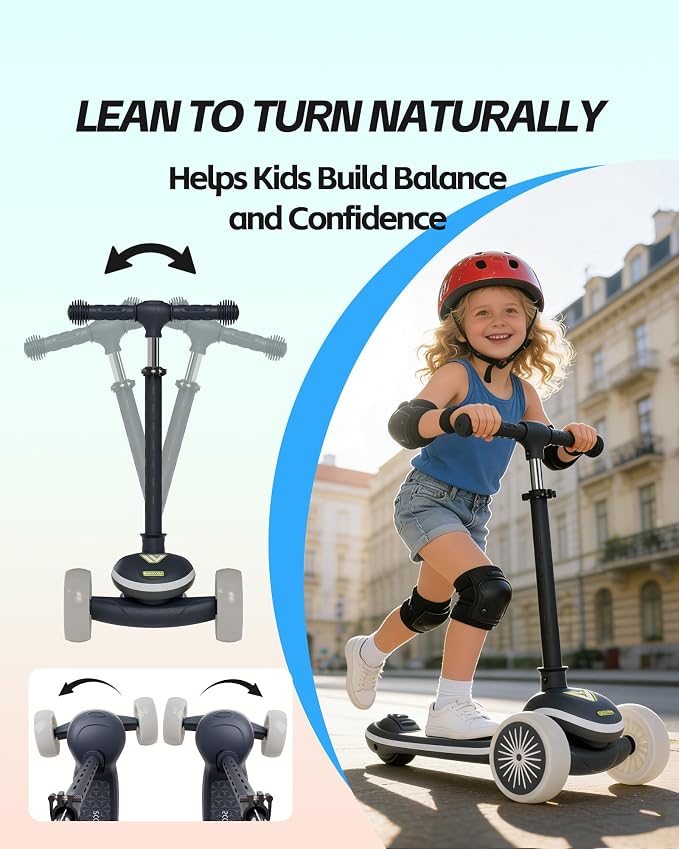 Toddler Scooter Ages 2-5, 3 Wheel Kids Scooter with Lean-to-Steer, Adjustable Handlebar, Anti-Slip Deck, Light-Up Wheels, Foldable First Scooter for Boys and Girls
