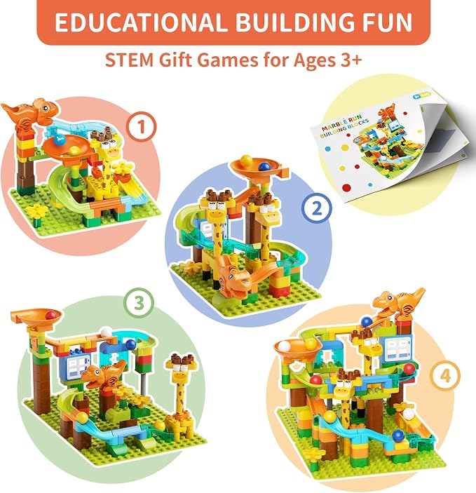 Marble Run for Kids Ages 4-8 145 PCS Dinosaur Giraffe Building Blocks with 10 Marbles Slide Dino Smooth Edges Design Works with Large Brick Toys STEM Track Toys Creative Gift for Boys Girls