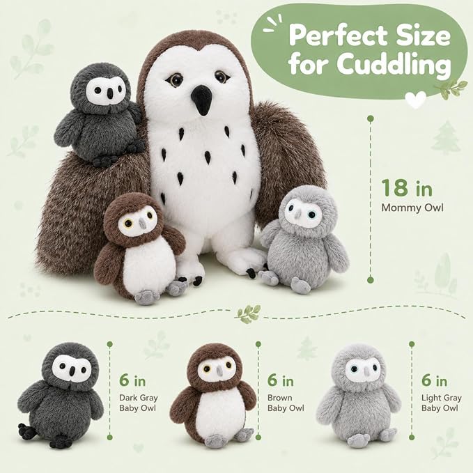 4Pcs Owl Plush Set, 18 Inch Mother Stuffed Animal with 3 Baby Owls Inside, Soft Brown Plushie Gift for Kids, Girls and Boys, Christmas Birthday Baby Shower, Brown