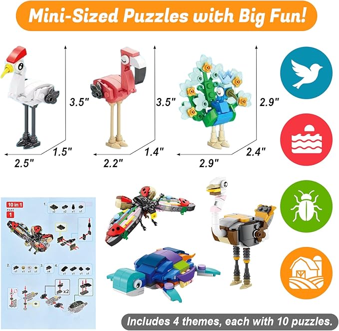 40 Packs Party Favors for Kids – 999+ PCS Animal Building Blocks, 4 Themes: Ocean Birds Insects Farm – DIY Toys for Boys Girls Ages 6-12, Goodie Bag Stuffers, Classroom Prizes, Easter Basket Stuffers