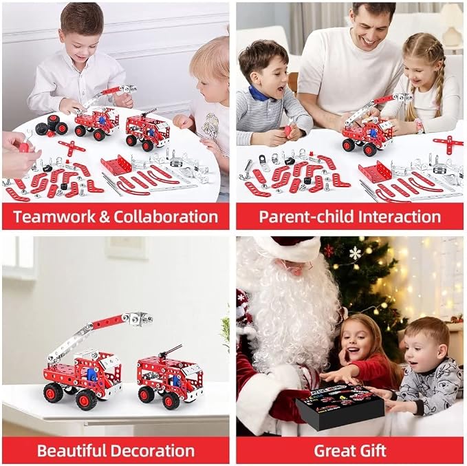 Ferthor Fun Stem Building Toys for Boys Age 8-12,Creative Sets Fire Trucks Series Model Kit,Assembly Toys for Kids,Metal Building Blocks for Model 4 in 1 Fire Fighting Cars(121PCS)