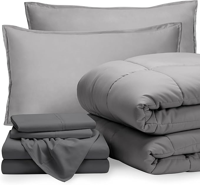 Bare Home Bed-in-A-Bag 7 Piece Comforter & Sheet Set - Full - Goose Down Alternative - Ultra-Soft 1800 Premium Bedding Set (Full, Light Grey/Grey)