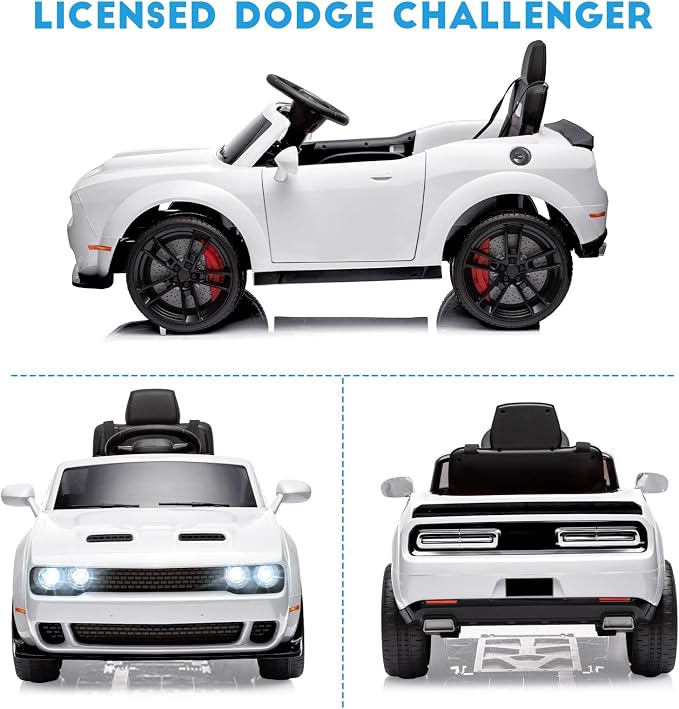 12V Kids Car, Licensed Dodge Challenger Electric Car for Kids, Battery-Powered Toy Car with Remote Control, LED Headlights, Music, Suspension, Double Doors, Safety Belt, Ride On Car for Boys & Girls