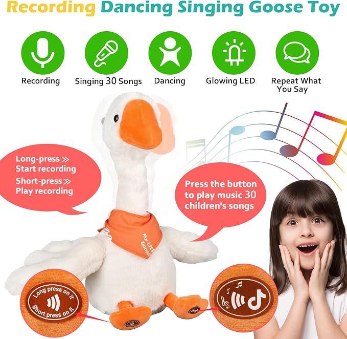 Marsjoy 13" Talking Dancing Goose Swan Stuffed Animal Repeating What You Say Mimicking Recording Plush Baby Toy Musical English Song Singing Glowing Animated Twisting Gift Toy for Boy Kid