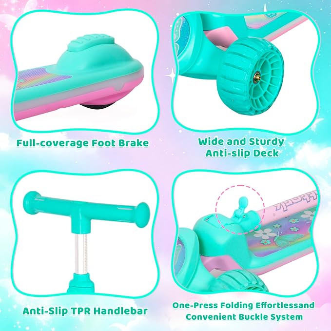 Nattork Kids Scooter for Girls with Light Up Wheels, Deck and Headlight, Wide Anti-Slip Deck and T-bar Handle with Rear Foot Brake, Adjustable Height 3 Wheel Scooter for Kids Ages 3+ and up to 220Lbs