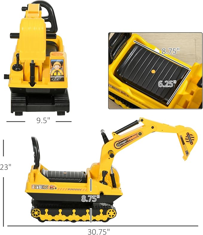 HOMCOM Qaba No Power Ride On Excavator Toy Tractors Digger Movable Scooter Walker Pretend Play Toddler Construction Truck Basket Storage for Boys Girls 18-48 Months Yellow Black