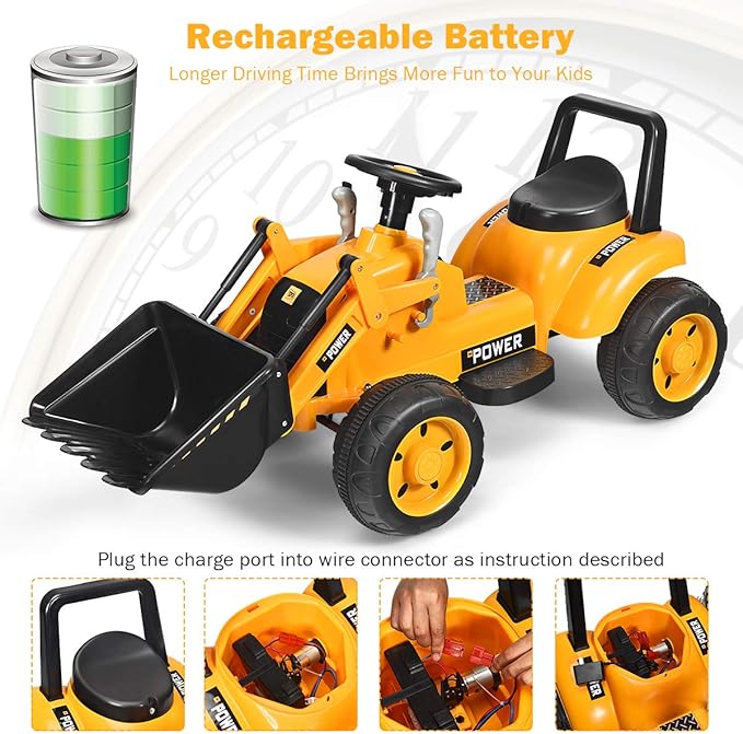 Costzon Ride on Car, Excavator Toy w/Front Loader, Horn, Forward/Backward, Controllable Digging Bucket, Digger, 6V Battery Powered Electric Vehicle Construction Tractor, Electric Car for Kids