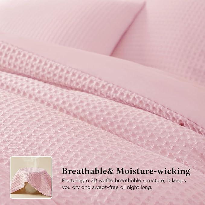 David's Home Waffle Weave Comforter Set 3PCS King Size, Soft Breathable Lightweight Cozy Skin-Friendly Warm for All Season, Elegant Aesthetic Home Decor Bedding Set with Pillow Shams, Pink