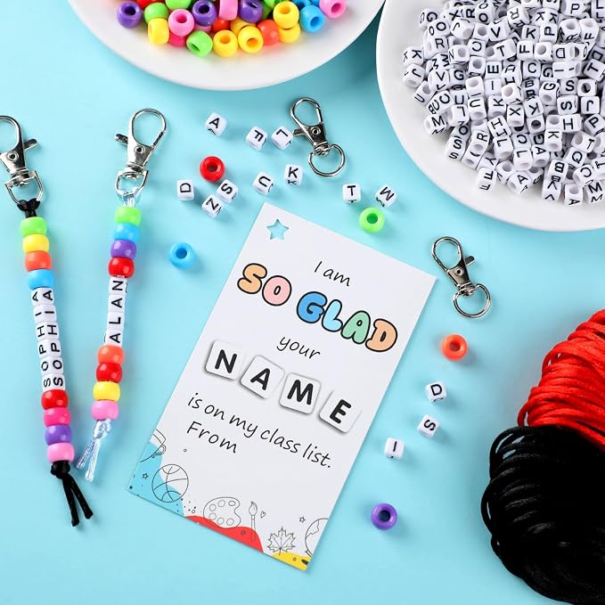 Suncalla 984 Pcs 24 Set Back to School Keychain Making Kit DIY Bead Key Chain Crafts Adjustable Letter Beads Cards Strings Kit Welcome First Day of School Gift Jewelry Making Supplies Party Favors
