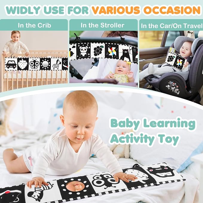 BBWOO High Contrast Baby Toys for Newborn, Tummy Time Mirror, Black and White Baby Toy for 0-6 Months, Soft Montessori Visual Stimulation Infant Book, Boy Girl Shower Gift