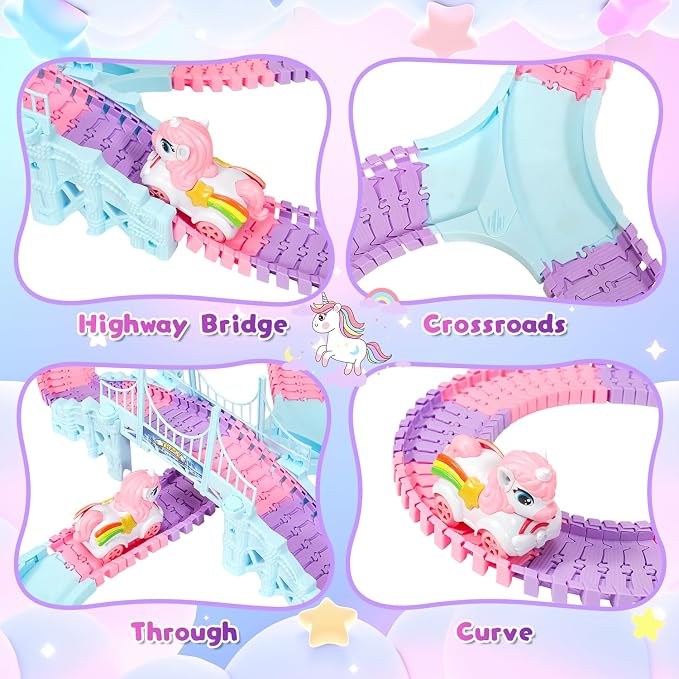 Unicorn Race Tracks for Kids Ages 3-8, 224 PCS Princess Car Toys with Magic Bendable, 2 Monster Truck, Flexible DIY Track Set, Christmas Birthday Gifts for 3 4 5 6 Year Olds Kids Toddler Girls