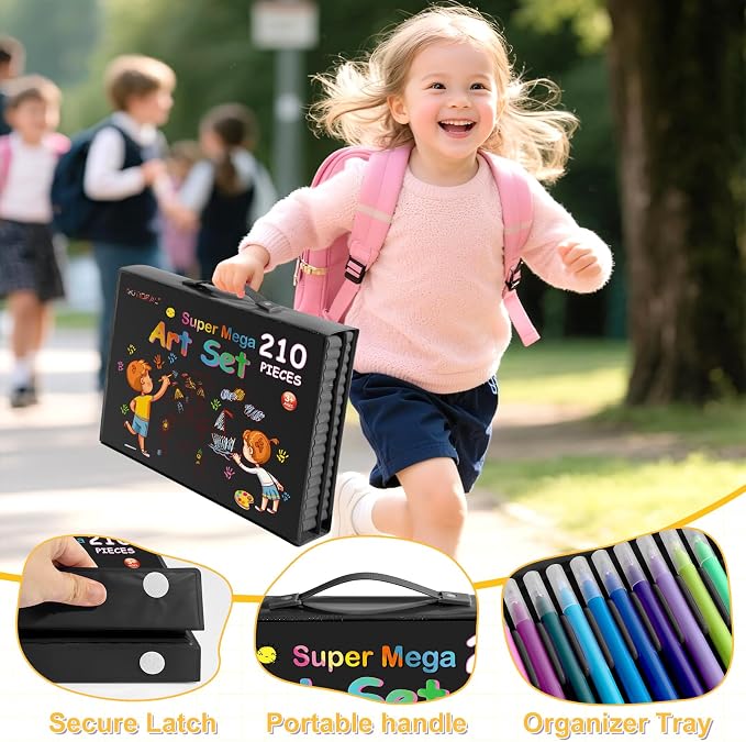 GOTIDEAL Kids Art Kit,Art Supplies for Kids,210 PCS Art Set with Double Sided Trifold Easel,Coloring Book, Crayons, Markers, Watercolor Pens, Arts & Crafts,Gift for 4-12 Year Old(Black)