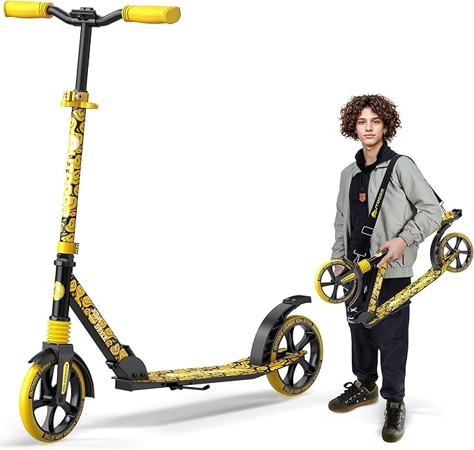 Outdoor Cruiser Kick Scooter for Ages 6+, for Kids, Teens, and Adults, Max Load 250 LBS, Foldable, 8-inch Big Wheels, Dual Suspension, 3 Adjustable Levels, Child Safety Approved, Yellow