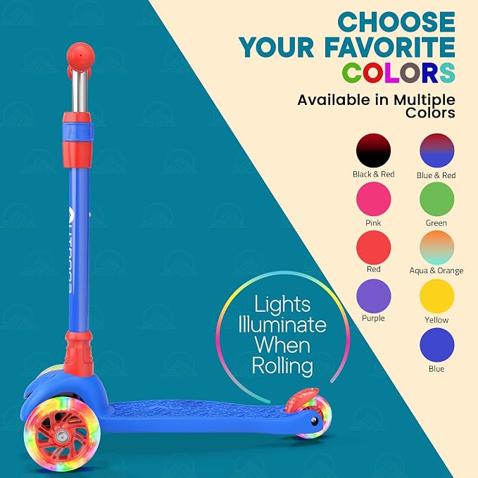 Outdoor Cruiser 3-Wheel Kids Scooter – with Lean-to-Steer Technology, Led Lighted Wheel, 4-Level Adjustable Height T-bar Handle, Support Kids Up to 150 Lbs, for Boys & Girls Ages 3-8, Blue and Red