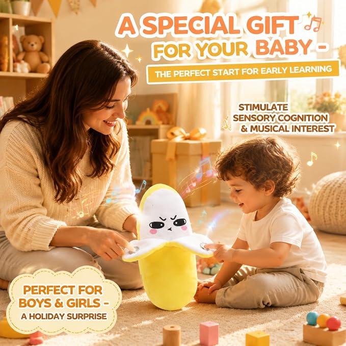 Interactive Music Plush Toy Set for Kids Adults, 8" Banana Fruit Sensing Metronome with Sounds for Multiplayer Interaction Game, Fun Musical Sensory Toy for Christmas Birthday Gifts