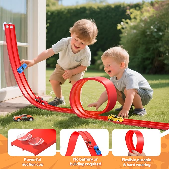 KETIEE Flex Tracks 16 Ft for Kids, Flexible Race Car Ramp Track with 2 Small Racecars and 4 Suction Cups Compatible with Diecast 1/64th Cars,Rolls Up Portable Racetrack for Ages 3 & Up