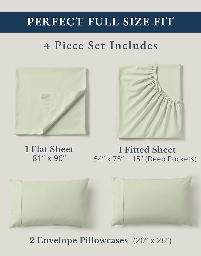 LANE LINEN 100% Organic Cotton Eco Friendly Full Size Sheet & Pillowcase Sets, Fully Elasticized Soft & Comfy Percale Bedding, Naturally Temperature Regulating Cotton Sheets Full- Mineral