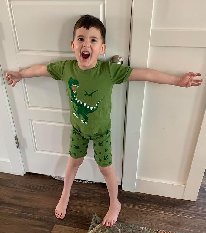 Popshion Little Boys 2 Piece Short Pajamas Train Shark Sleepwear 100% Cotton Toddler Dinosaur Pjs Summer Kids Clothes 2-7T