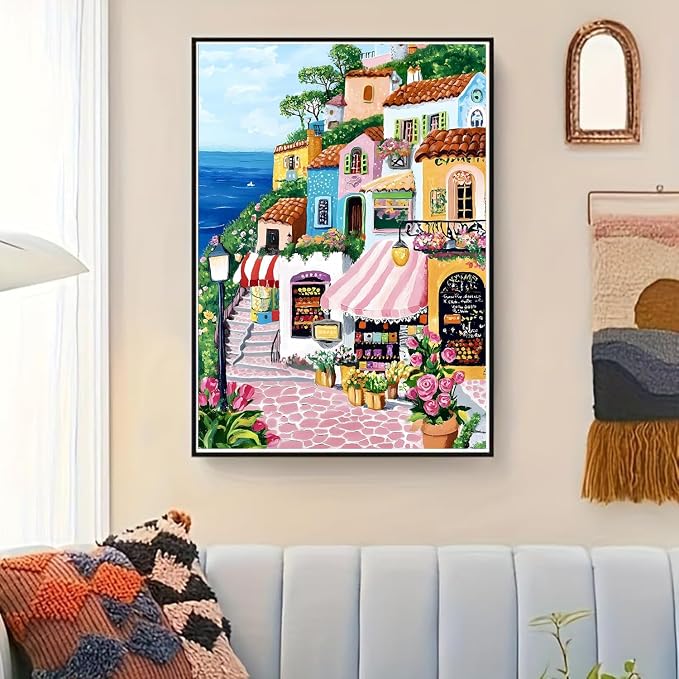 Paint by Numbers for Adults and Kids Beginner, Mediterranean Coastal Village TownPainting by Number Kits On Canvas, Number Artist Paint by Number Kit Oil Painting Acrylic Paints, Home Wall Decor Gift