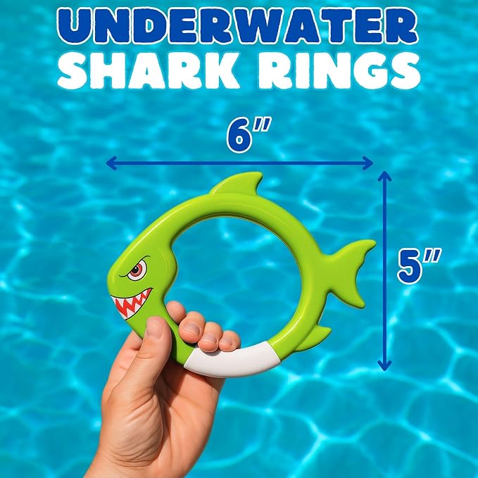 Haktoys Shark Dive Rings Pool Diving Toys for Kids, Sinking Swim Training Toys for Boys & Girls, Underwater Pool Games & Summer Fun, 4-Pack Fish Rings Set