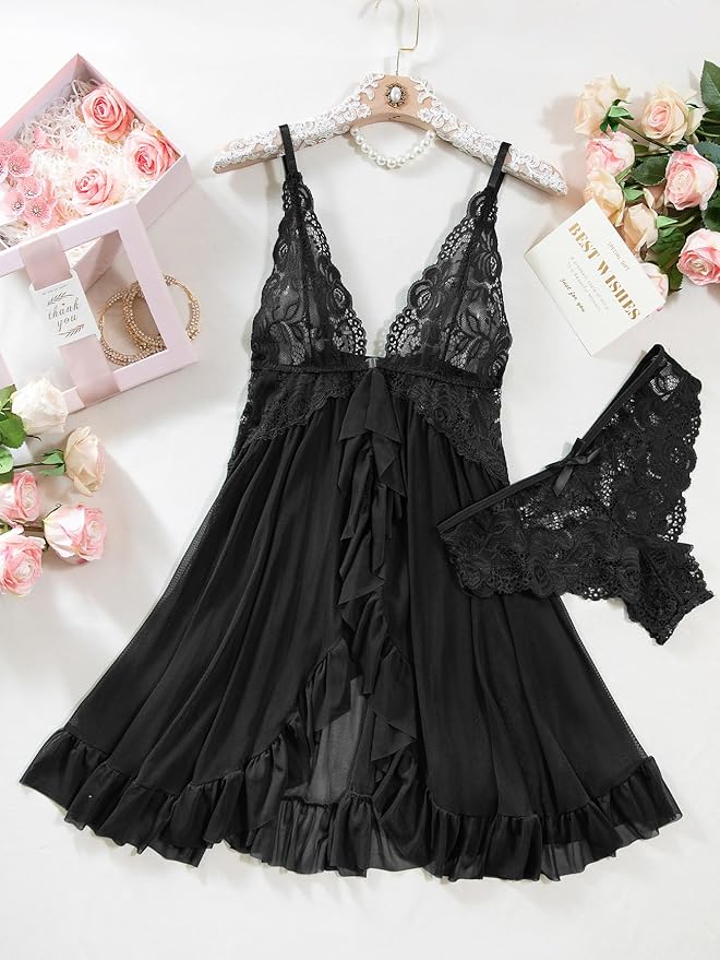Foxiny Sexy Open Front V Neck Ruffle Sheer Mesh Lace Wireless Babydoll Lingerie Dress with Thong 2 Piece