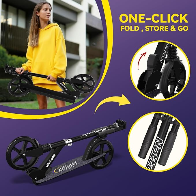 Nattork Kick Scooter for Age 6+ Kids Teens Adults, Max Load 240 LBS, Adjustable Height Foldable with 8" Large Wheels, Anti-Shock Suspension