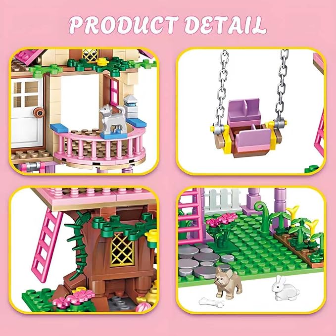 CSNRHG Dream Tree House Friends Building Set, Tree House Building Set Acrylic Protective Cover, Friendship Tree House with Swing Animals Flowers, 504 Pieces
