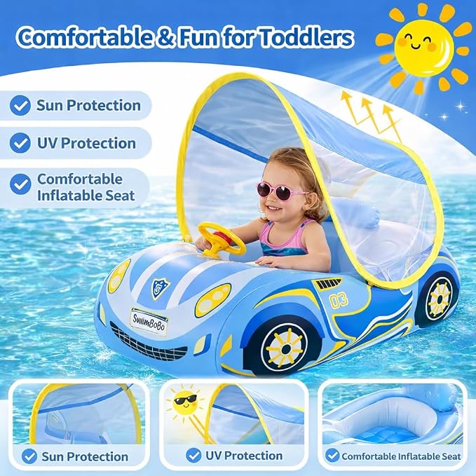 Baby Pool Float Toddler Floaties 3D Car Baby Float for 12-48 Months Inflatable Heavy Duty 0.35mm PVC Seat Boat Pool Toys Float No Flip Swimming Floaties for Boys&Girls1-5 Years