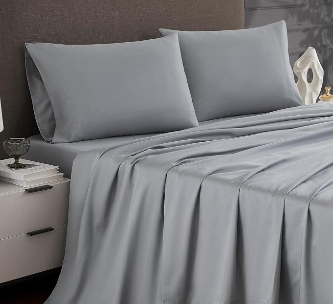 Linen Closet Luxury 1200 Thread Count Queen Sheet Set, 4 Pcs, Cotton Rich, Light Gray, Soft, Durable & Wrinkle Resistant Sateen Sheets, Includes 16" Deep Pocket Fitted Sheet, Home & Hotel Essentials