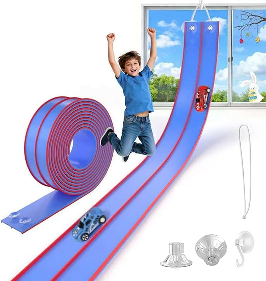 15 Ft Flexible Race Track for Kids, DIY Car Track Set with 3 Suction Cup Ramps, Easter Basket Stuffers for Teens & Boys Girls, Creative Easter Gifts for Kids, Sky Blue