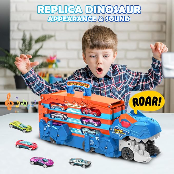 VATOS Toddler Truck Toy - Ejection Folding Dinosaur Track, Portable Truck Car with 8 Race Cars, Best Gift Toy Cars Set for Toddlers 3 4 5 6 7 Years Old