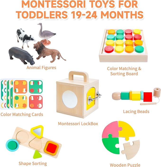 Montessori Toys for 1 2 Year Old, 9 in 1 Wooden Toddler Educational Set, Includes Lock Box, Puzzle, Color Sorting Board, Lacing Beads, Shape Sorter & Animal Figures, Gift for 19-24 Months Boy & Girl