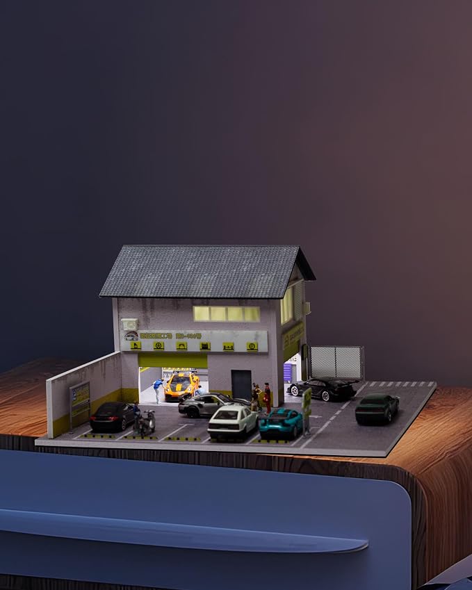 1/64 Scale Display Case Car Garage Model, Morimoto Factory Cover Diecast Diorama Box Decorative Miniature Scene with LED Light 5 Parking Spaces for Toy Car Display and Storage